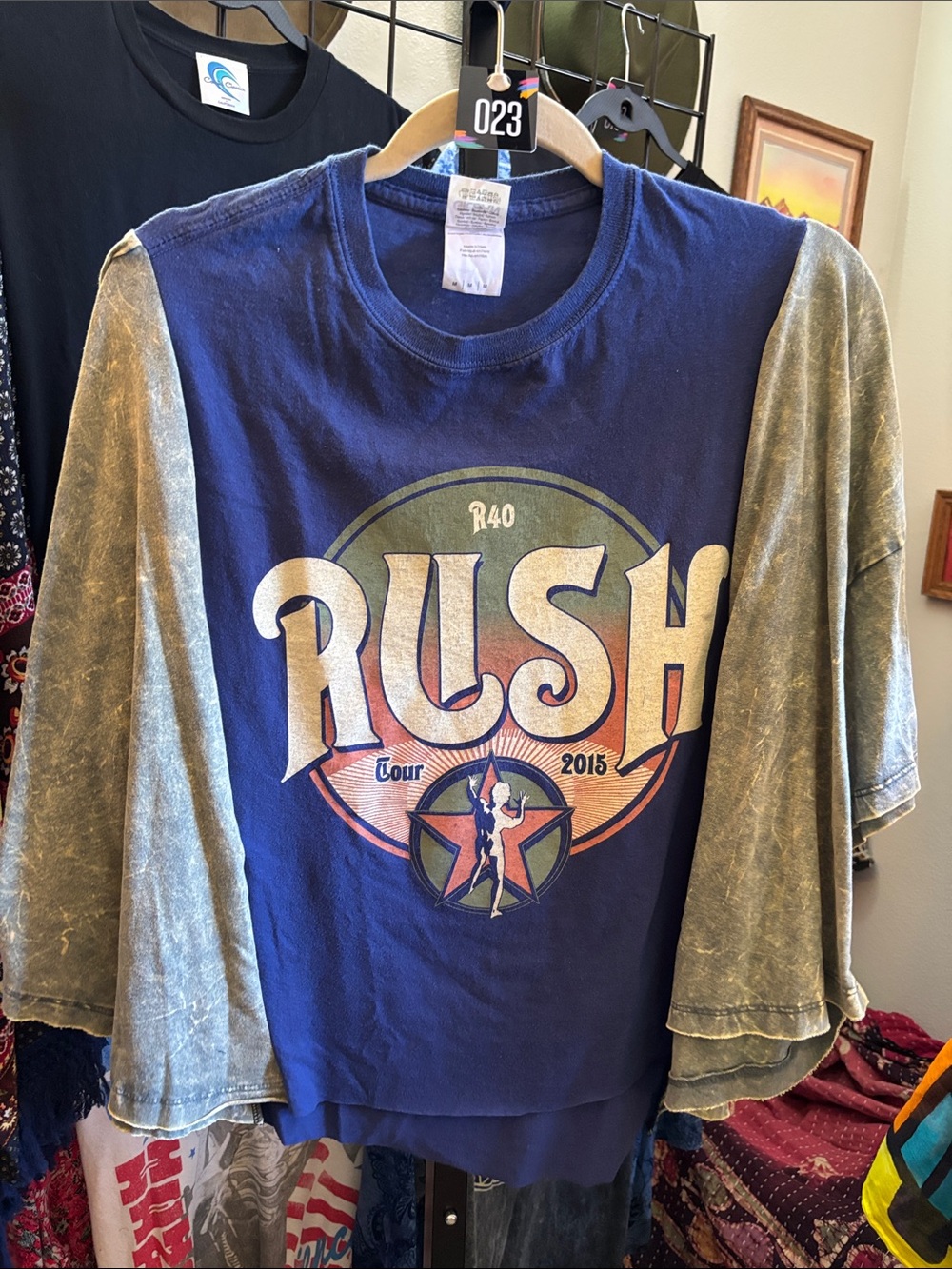 23. RUSH Tour 2015 Graphic Tee upcycled w Washed Olive Bell Sleeves